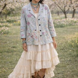 QVC Floral Jean Jacket - Light Blue and Pink